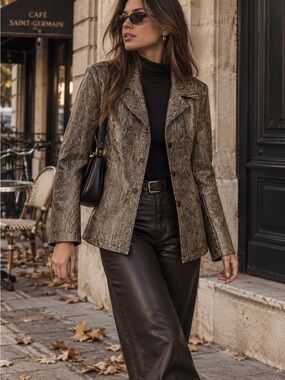 Dollhouse Y2K Snakeskin Print Jacket Brown Medium Faux Leather Moto Coat Luxe